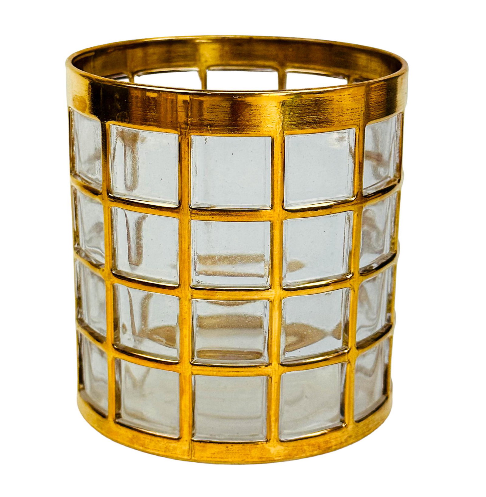 Imperial Glass Spanish Windows 8 Double Glasses: Imperial Glass set of eight (8) double glasses. Imperial Glass is an American glassmaker in Ohio known for fine tableware. This is a Mid Century Modern pattern. Gold gilt on clear glass. Marked IG on 