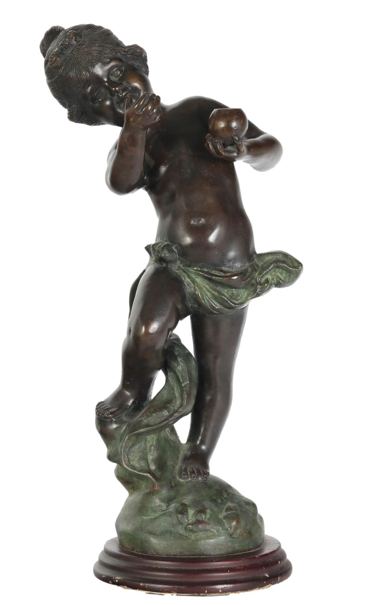 20C Bronze Figural Dancing Little Girl Sculpture: Bronze two tone statue depicting a young semi nude girl, in a joyful pose, holding a round vase in one hand. Mounted to a wood base. No apparent signature. Dimensions: 19.5 X 9 X 8 in. Condition: