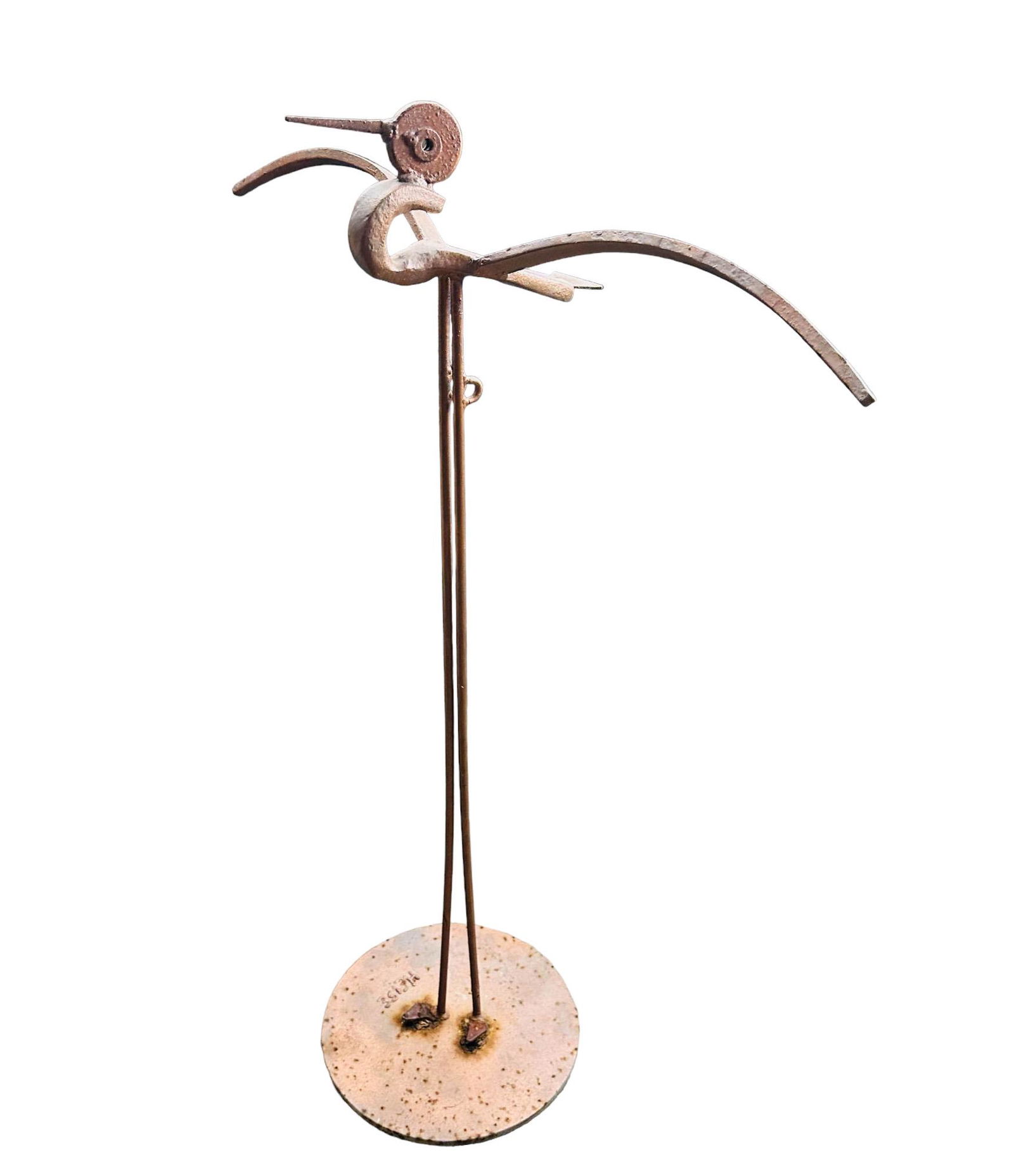 Bill Heise 1943-2011 Welded Iron Bird Sculpture: William "Bill" Heise ( American, 1943 - 2011 ) forged / welded iron sculpture depicting a stylized long legged shoreline shore bird with outstretched wings. Mounted stop a circular base. Signed ~ with