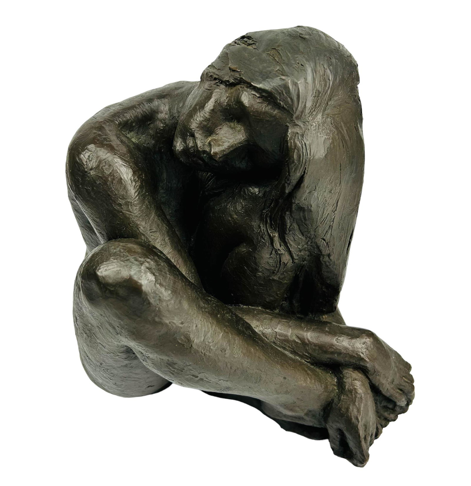 Figural Study Seated Nude Lady Composite Sculpture: 20th century Handcrafted composition figural sculpture. Depicts a slender woman with long flowing hair, in seated pose, her head resting on one knee. No apparent markings. Dimensions: 9.25 X 8 X 6.5 i