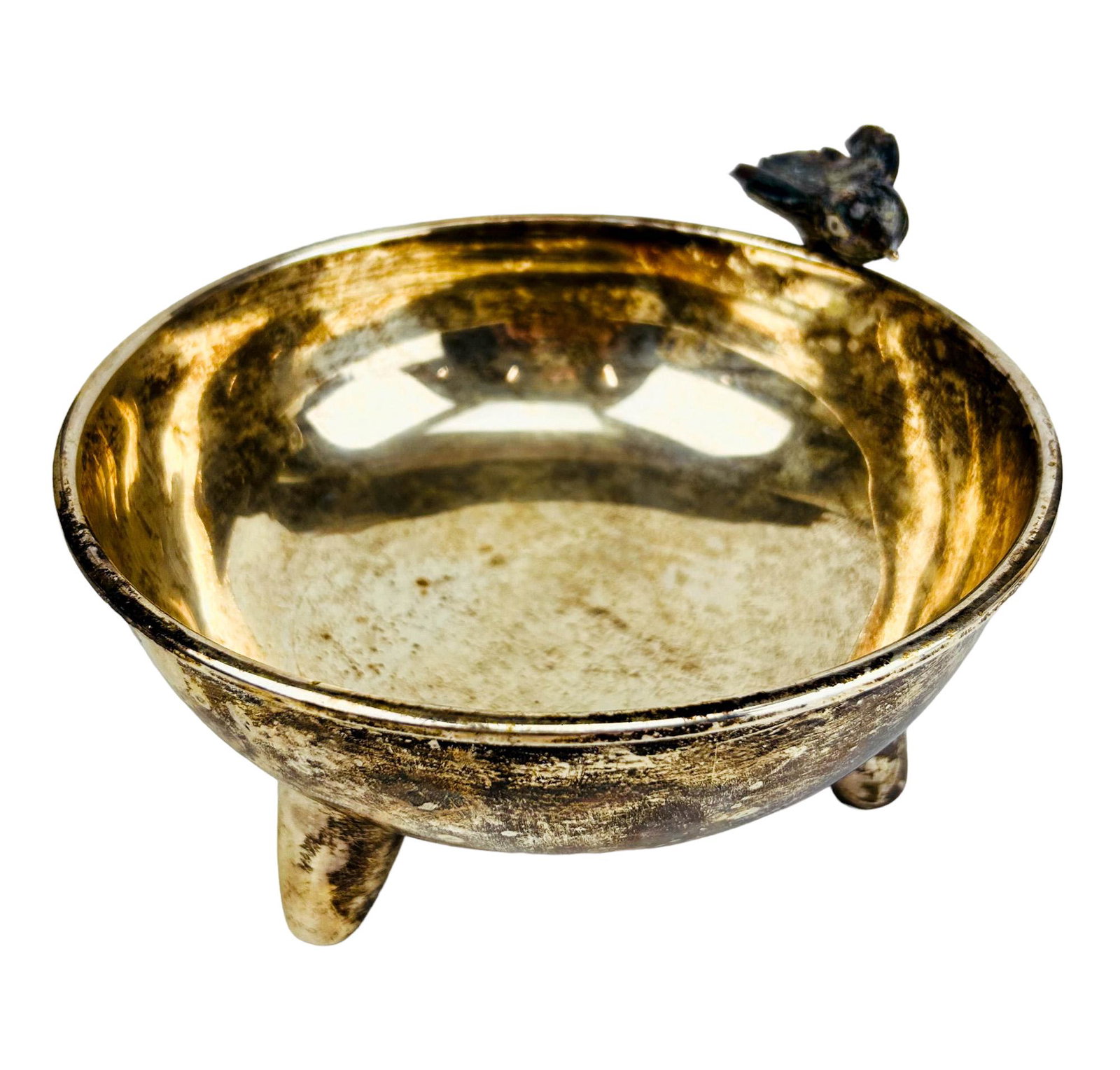 Los Castillo Silver Plate Modernist Tri Foot Bowl: 20th century Handcrafted Mexico silver plated bowl by Los Castillo, the well known Mexican silversmith of the city of Taxco. The round bowl features a baby chick bird surmounted stop the rim. Mounted 