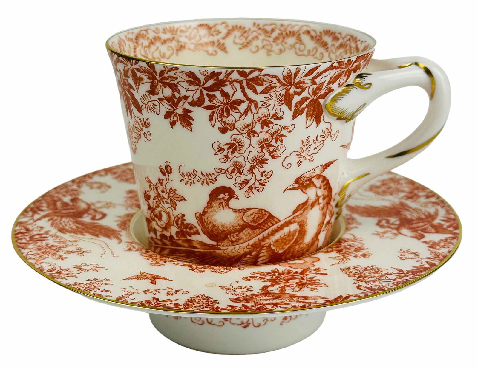 Royal Crown Derby Red Aves Trembleuse Cups Saucers: Total of 12 English Bone China tea cups and saucers ( 6 cups and 6 saucers ) manufactured by Royal Crown Derby in their Aves pattern. Production years : 1936 - 1997. Each cup is designed to sit / rest