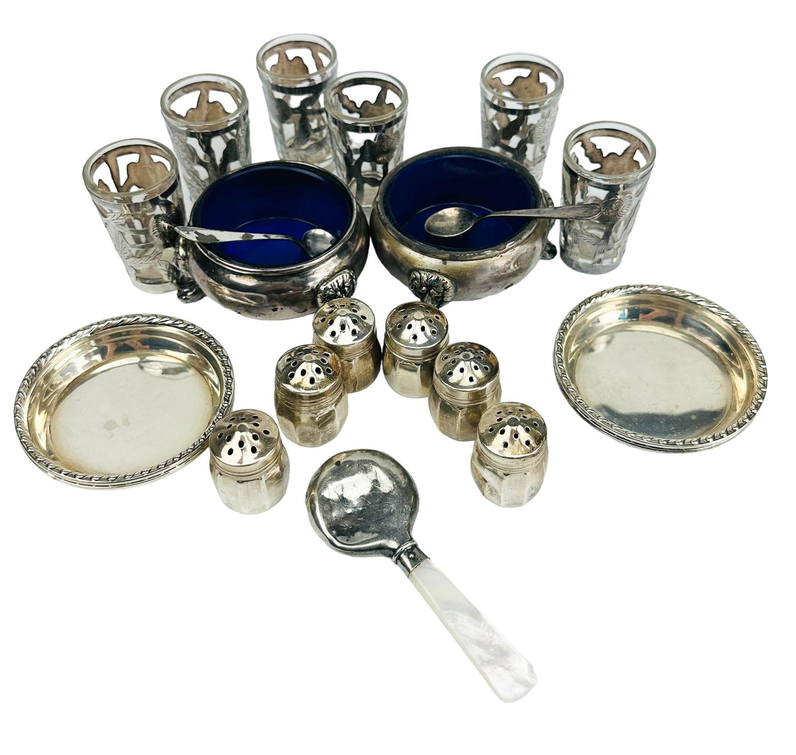 Sterling 925 Dish Salt Cellar Spoon Shot Glass LOT (1 of 9)