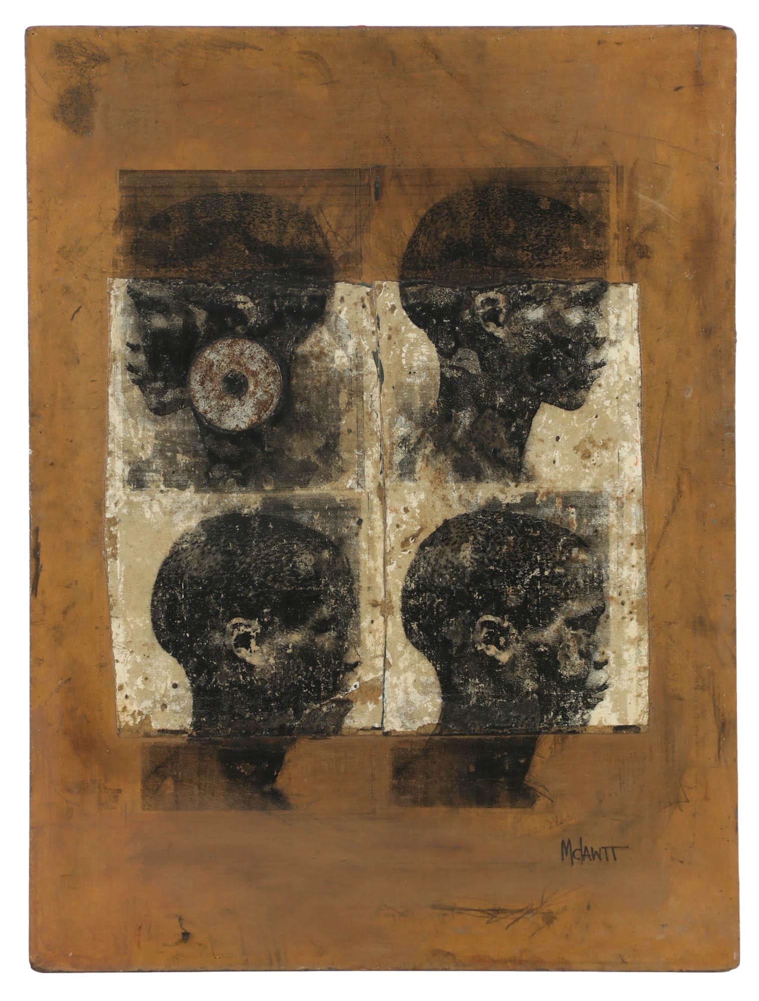 Cyril Aubrey McWatt 1943-2021 Mixed Media Collage: Cyril Aubrey McWatt ( Guyanese, 1943 - 2021 ). This mixed media side profile of a black man themed collage painting is executed on masonite board. Being sold as unframed. Work measures 32" x 24". Sign