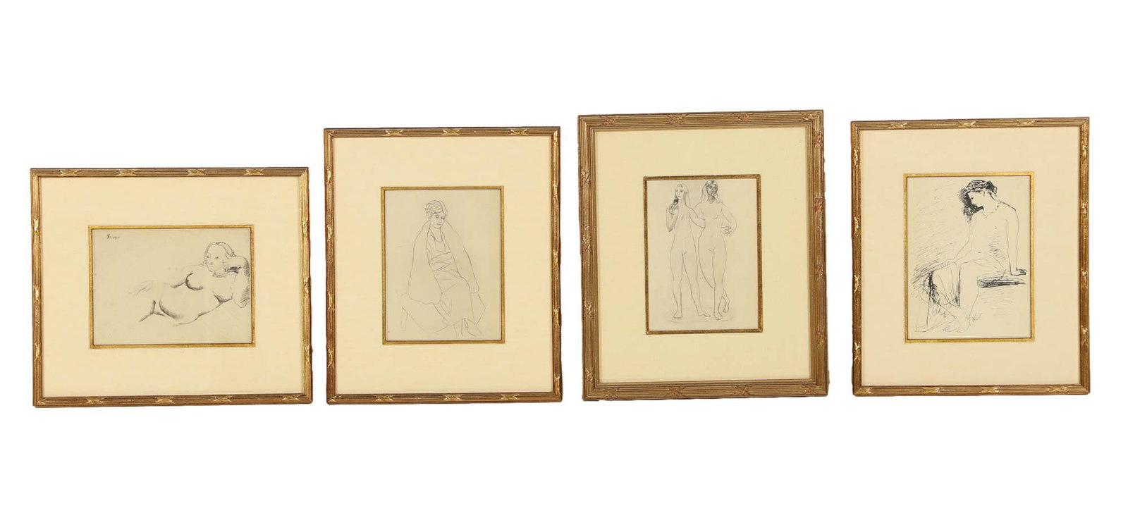 Estate Collection Framed Nude Female Print 4pc LOT: The subject matter on 3 of the 4 black and white prints on paper feature female nudes, one reclining, one seater and two figures in standing poses. One features a woman wearing a garment, in seated po