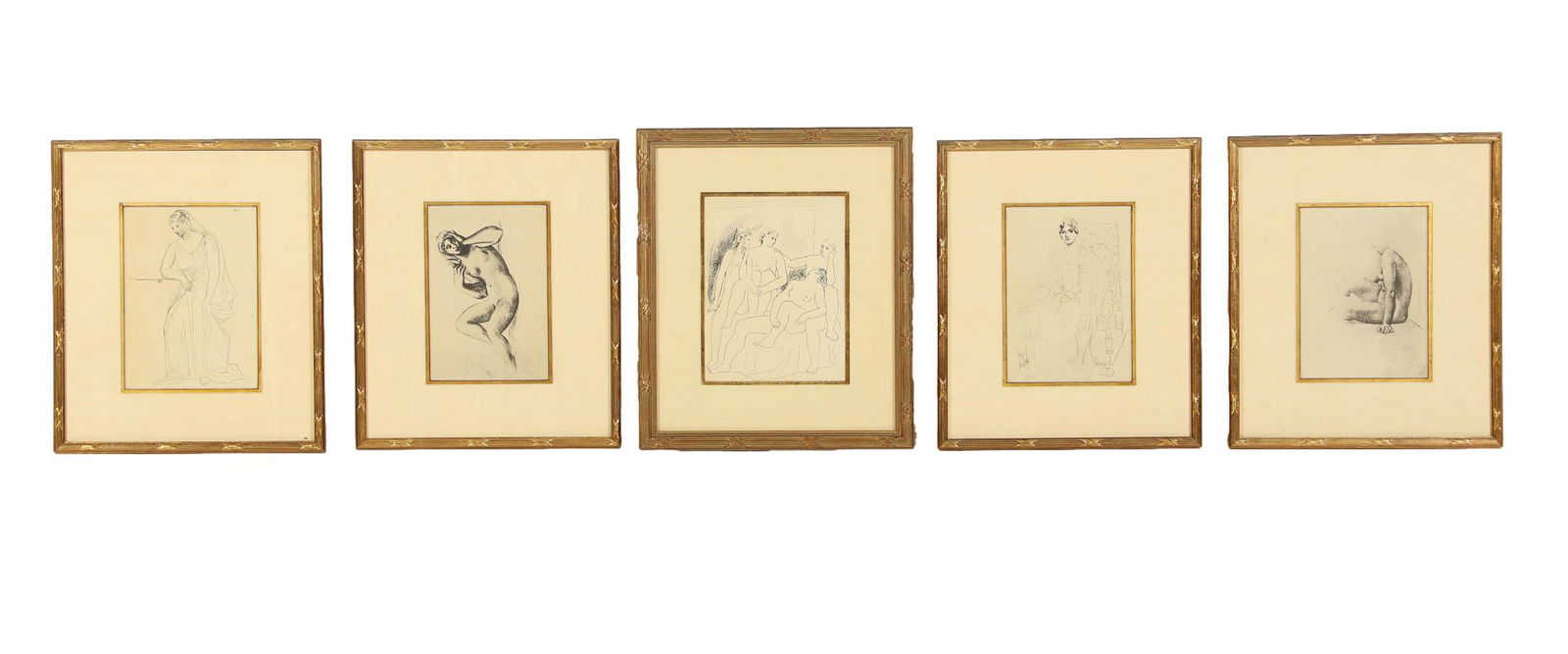 Estate Collection Framed Nude Female Print 5pc LOT: The subject matter on 3 of the 5 black and white prints on paper feature female nudes, one reclining, one seated and a group figural in standing and reclined poses. The other 2 feature women in flowin