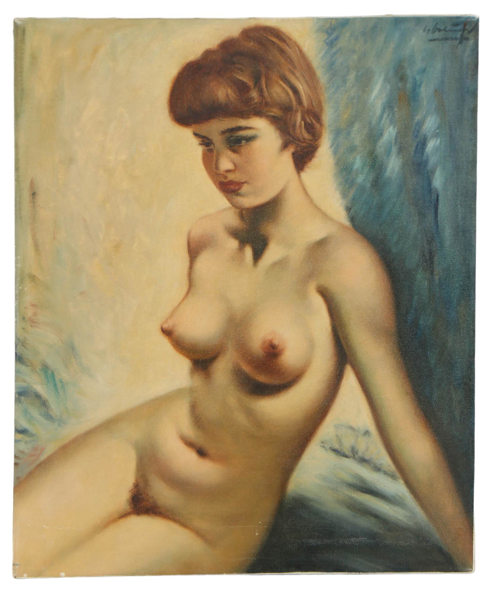 Helmut Breuninger Nude Lady Portrait Oil Painting: Helmut Breuninger ( German, 1921 - 1998 ). This oil painting on canvas features a short hair brunette in nude seated pose. Being sold as unframed. Measures 24" x 20". Signed upper right corner. Artist