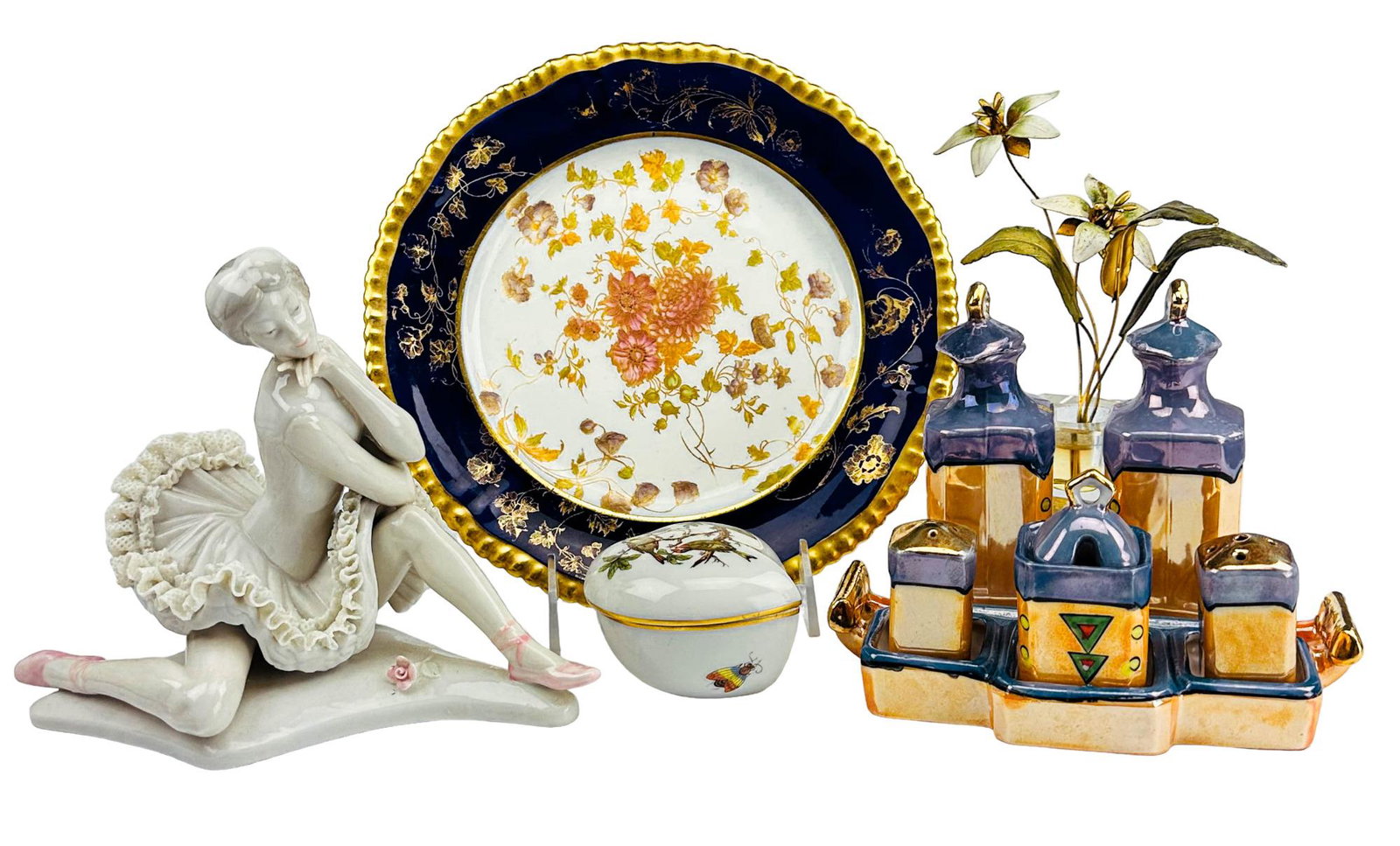 Herend Takito Co Porcelain Dish Box Figurine LOT: Estate collection lot of a total of 4 porcelain articles and 1 x sculpture. Includes ~ 1 x Herend "Rothschild" lidded heart shaped box. 1 x Takito Co. ( 1880 - 1948 ) lusterware cruet condiment set wi