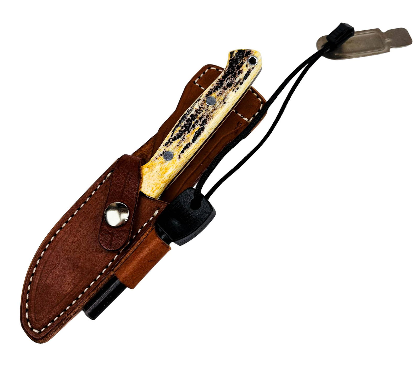 Bark River CPM3V Hunting Knife w/ Sheath & Striker: Fixed blade compact model hunting knife with its original leather sheath. Features the antique stag bone horn mosaic handle with lanyard hole. Overall length ~ 8 1/4". Blade length : 3 3/4". Blade thi