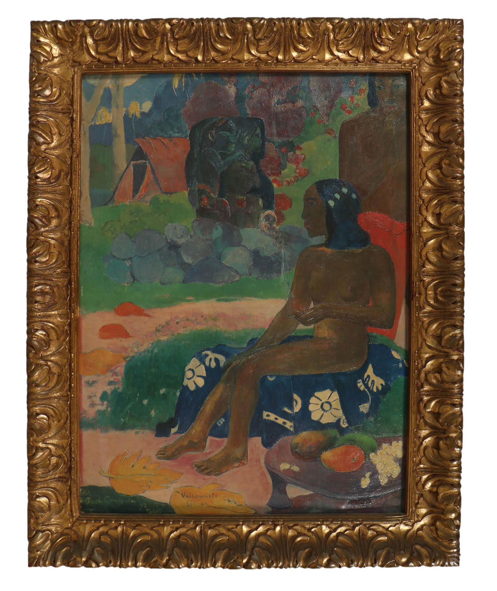 Vaizaumati Tei Oa Giclee on Canvas after Gauguin: Post impressionist after Paul Gauguin ( French, 1848 - 1903 ) "Artagraph Edition" giclee oil on canvas depicting a Polynesian Tahitian seated nude woman surrounded by a tropical landscape, a male figu