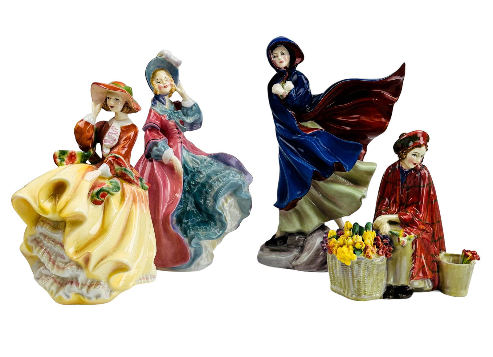 Royal Doulton Curio Display Lady Figurine 4pc LOT: Includes the following English bone china figurines. 1 x Bonnie Lassie HN 1626. Designed by : Leslie Harradine. Production years : 1934 - 1953. 1 x May HN2724. Designed by : D.V.Tootle Production year