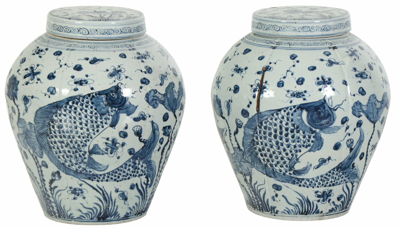 Chinese Porcelain Fish Lidded Ginger Jars Pair 17" (1 of 4)