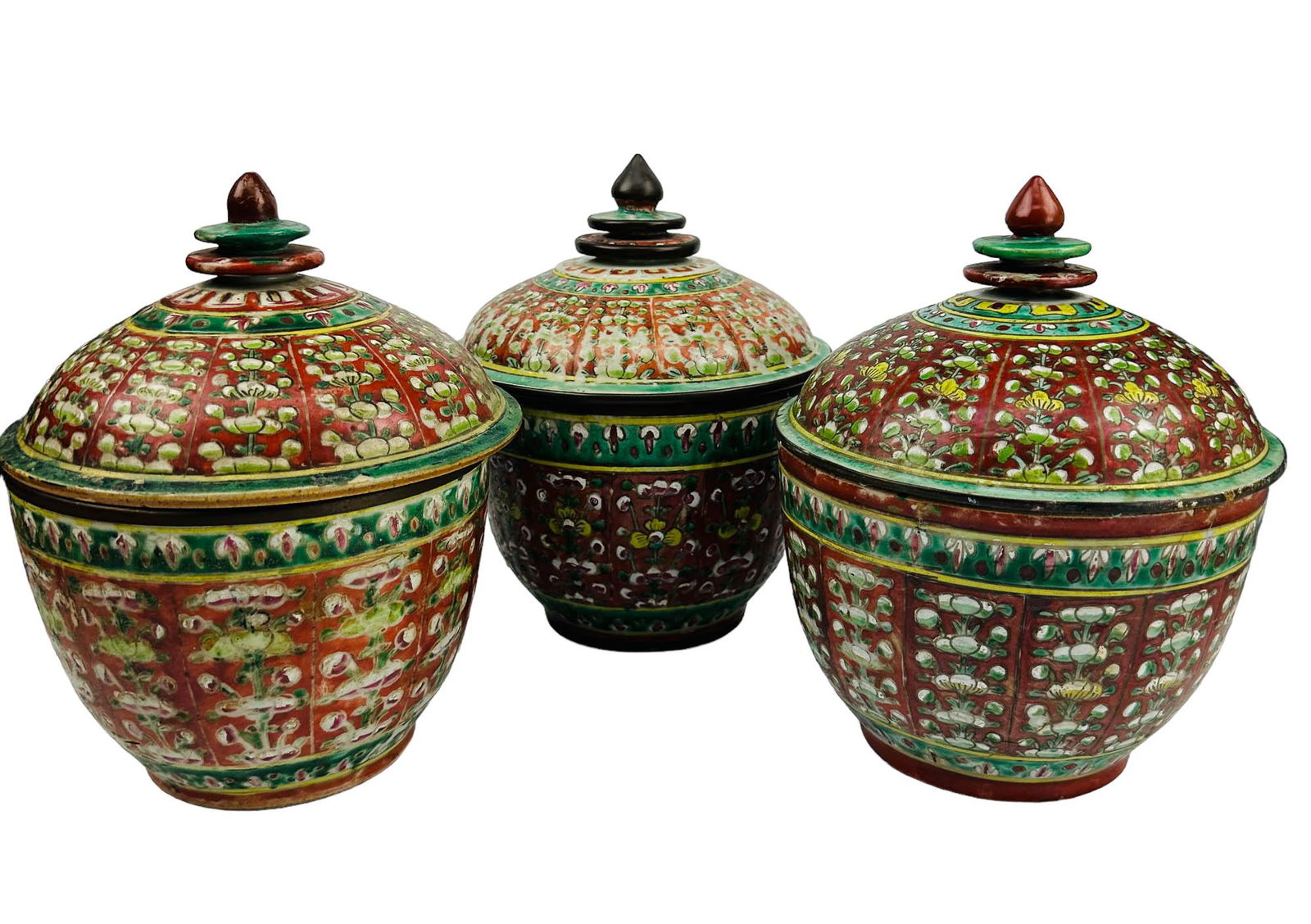 Chinese Porcelain Enamel Floral Lidded Jar 3pc LOT (1 of 7)