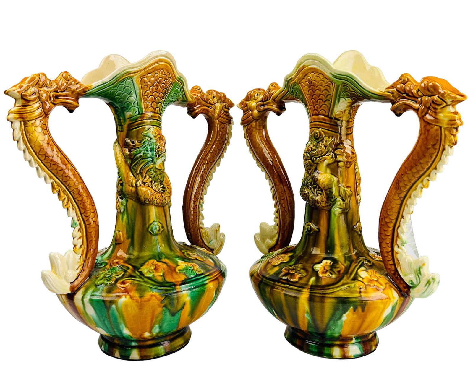 Chinese Sancai Glaze Double Dragon Handle Vase LOT (1 of 5)