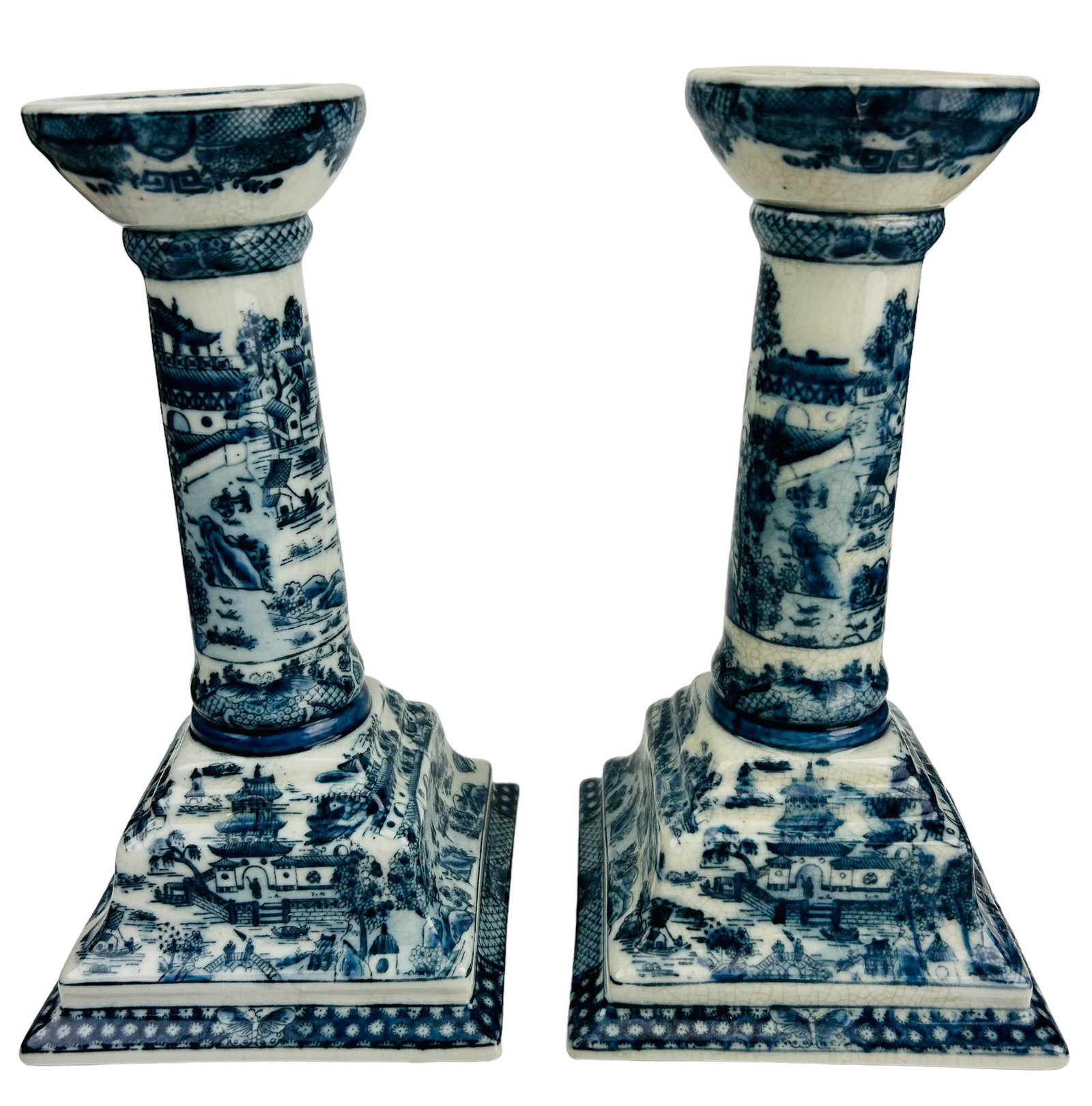 United Wilson Porcelain Factory Candleholder x 2: Late 20th century blue and white porcelain Candle Holders / candlesticks by United Wilson Porcelain Factory Hong Kong. UW exported these articles to the US by The People's Republic of China between 19