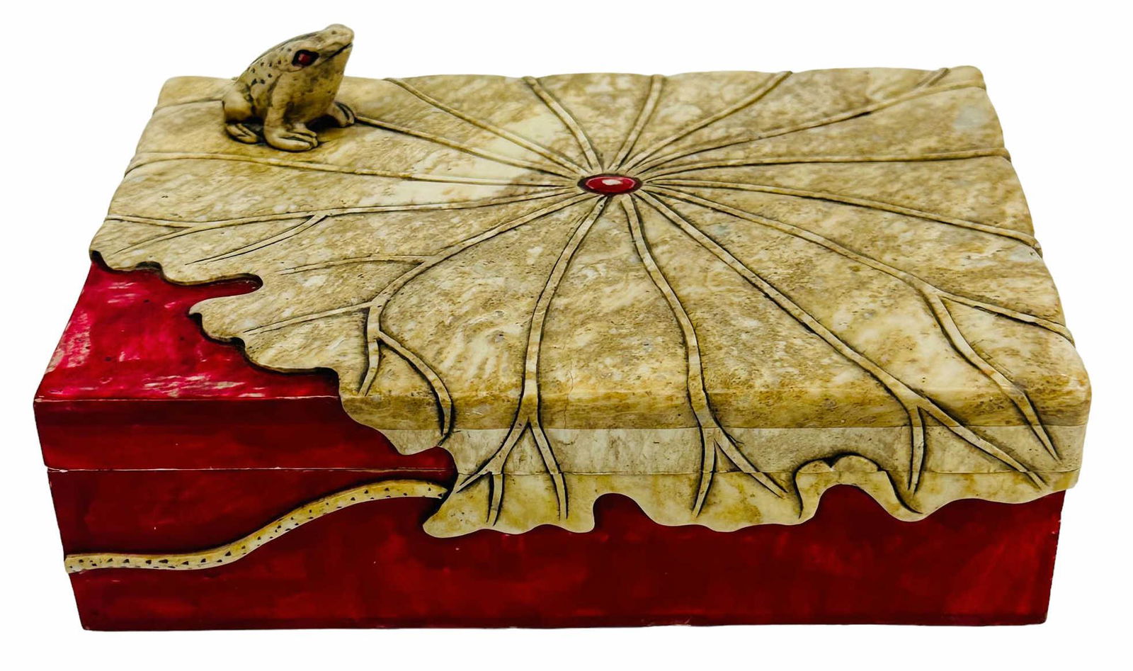 Chinese Carved Alabaster Frog Lily Pad Jewelry Box (1 of 4)