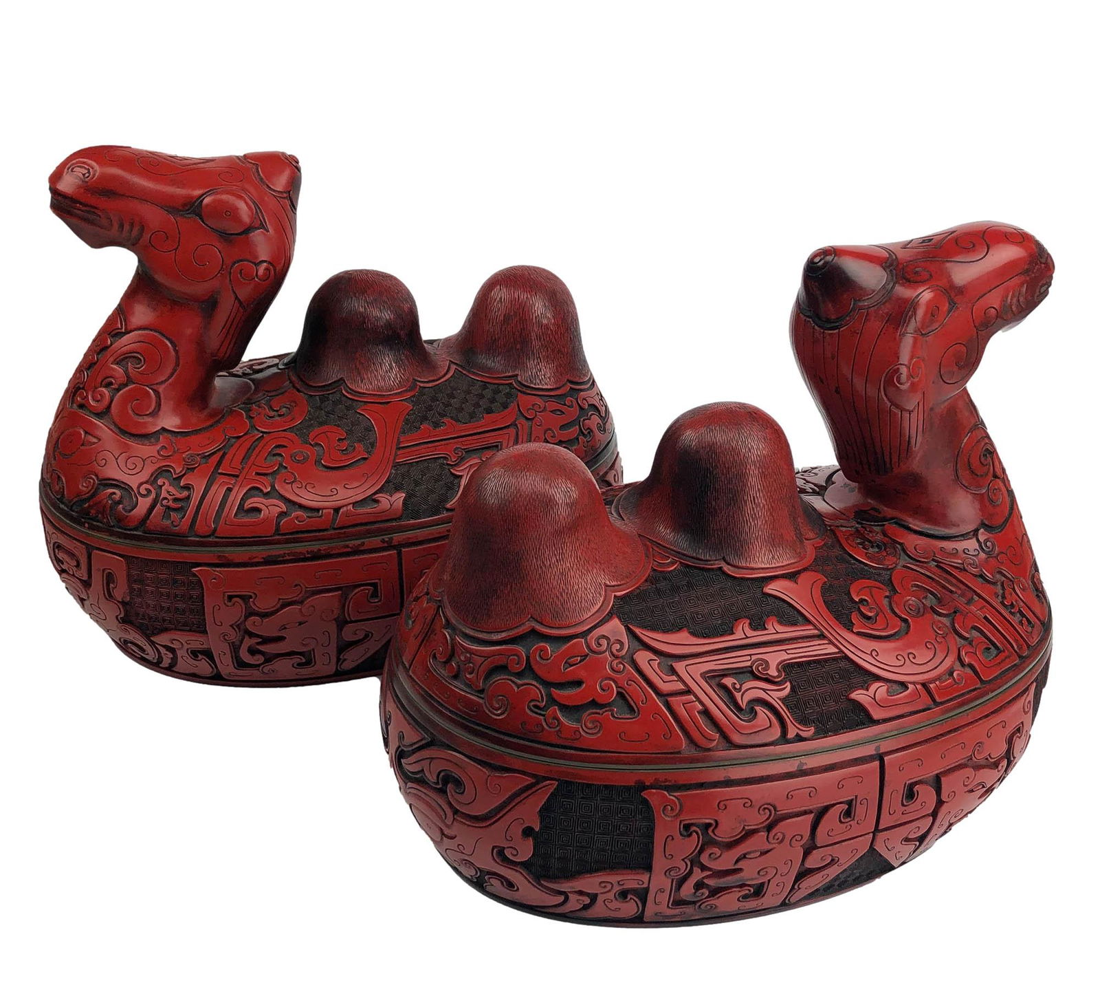 Chinese Red Cinnabar Double Hump Camel Box 2pc LOT (1 of 3)