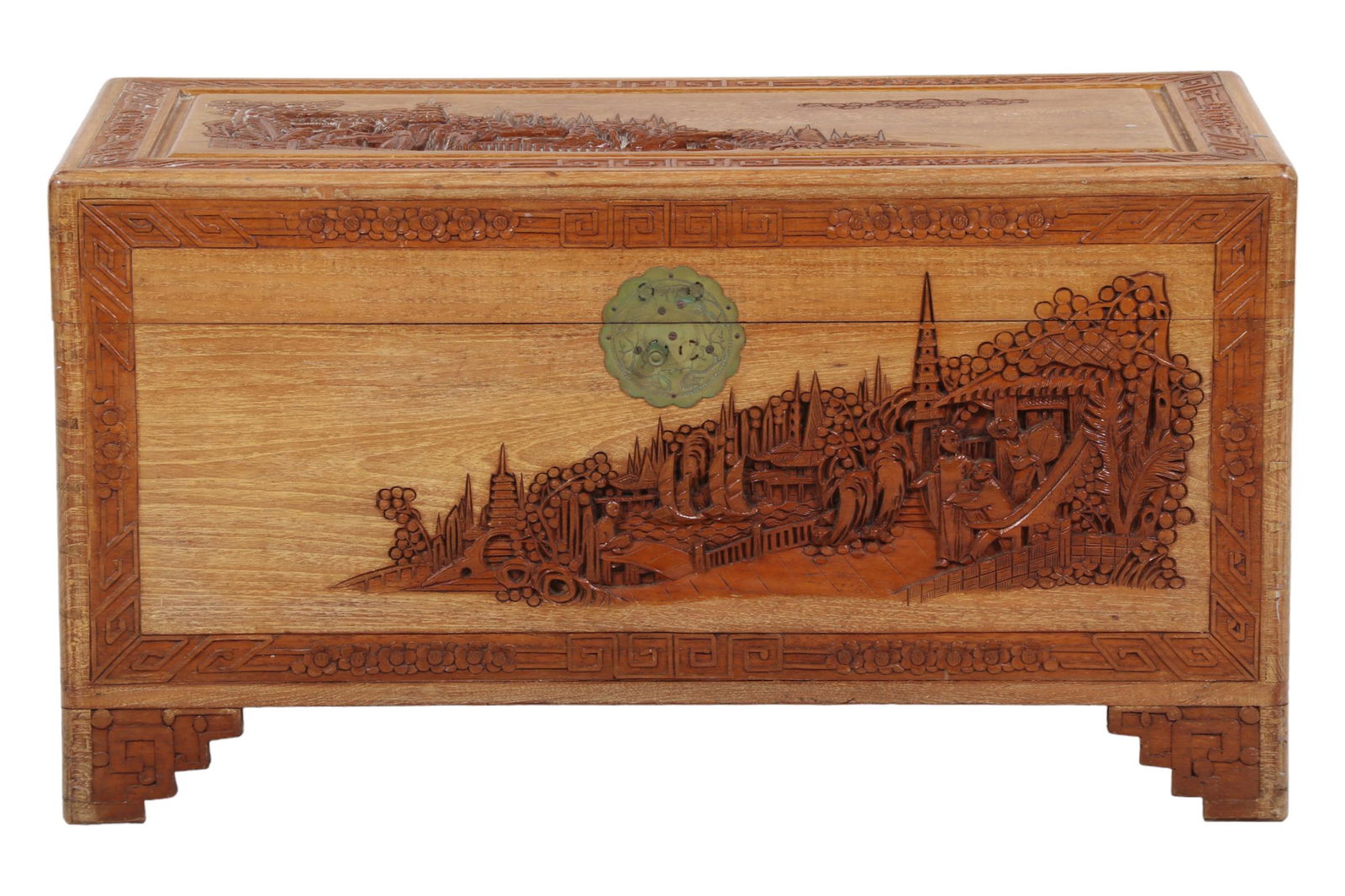 Chinese Export Carved Landscape Relief Wood Chest (1 of 6)