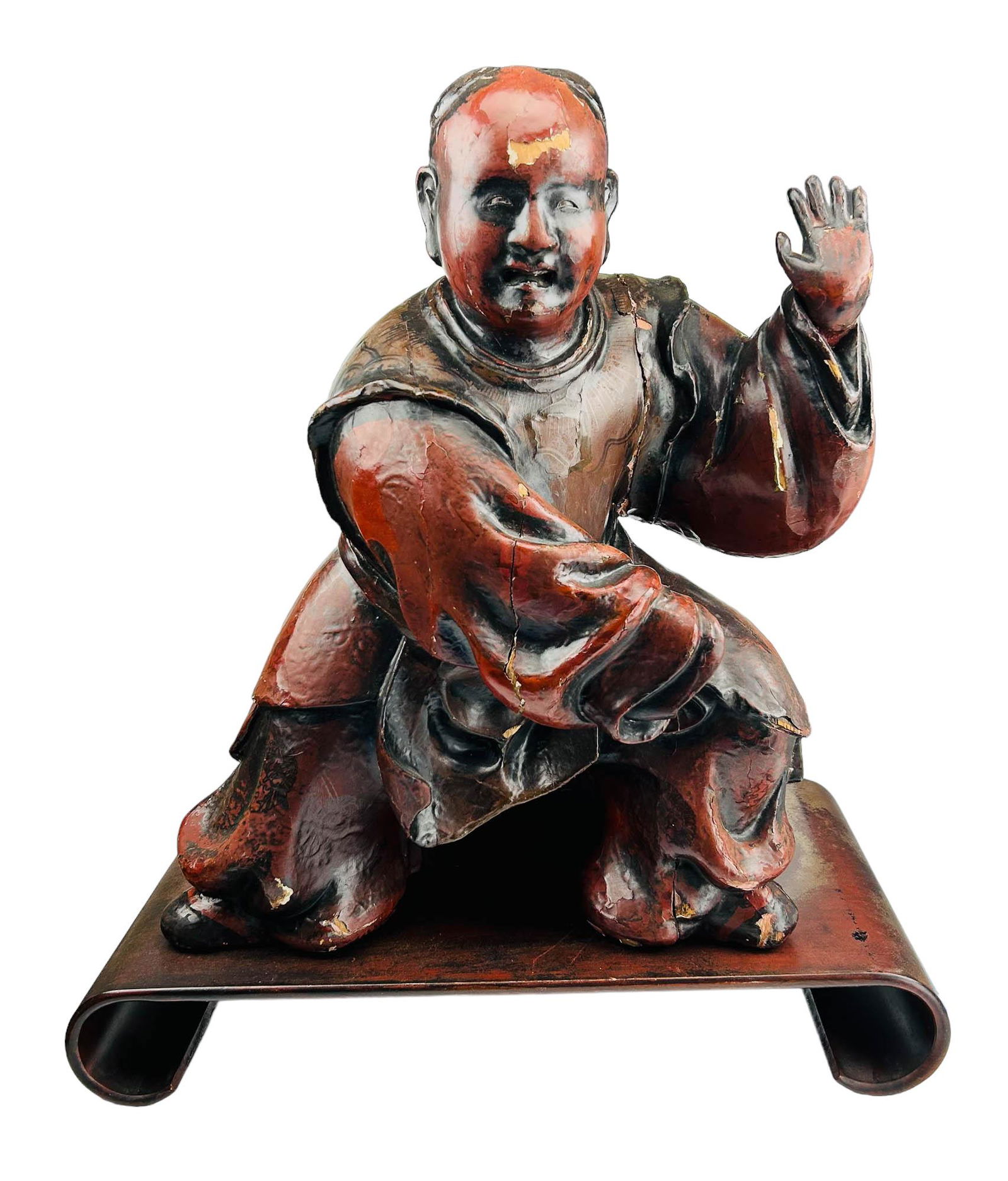 Japanese Carved Wood Lacquered Samurai Warrior: Subject matter features an Oriental Asian man in a flowing robe in a combative attack pose. Designed to rest on a rectangular shaped wooden base. No apparent markings. Stand only measures 3 1/4" x 21"