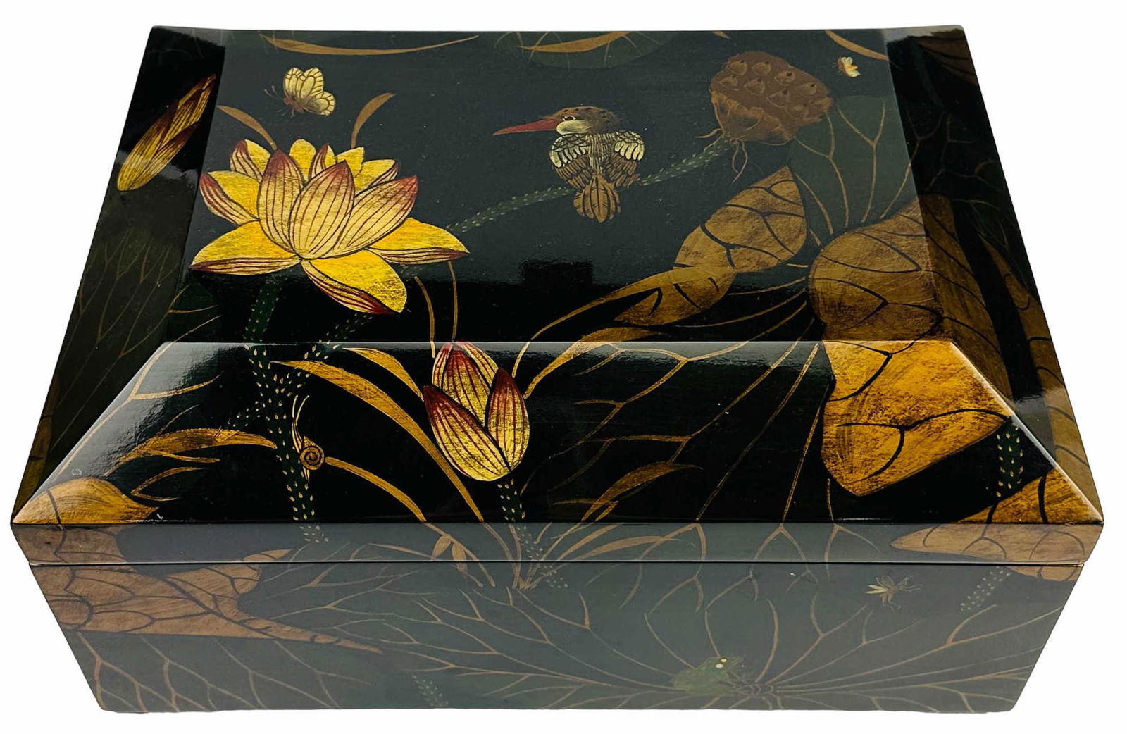 Japanese Lotus Bird Insect Lacquered Storage Box (1 of 3)