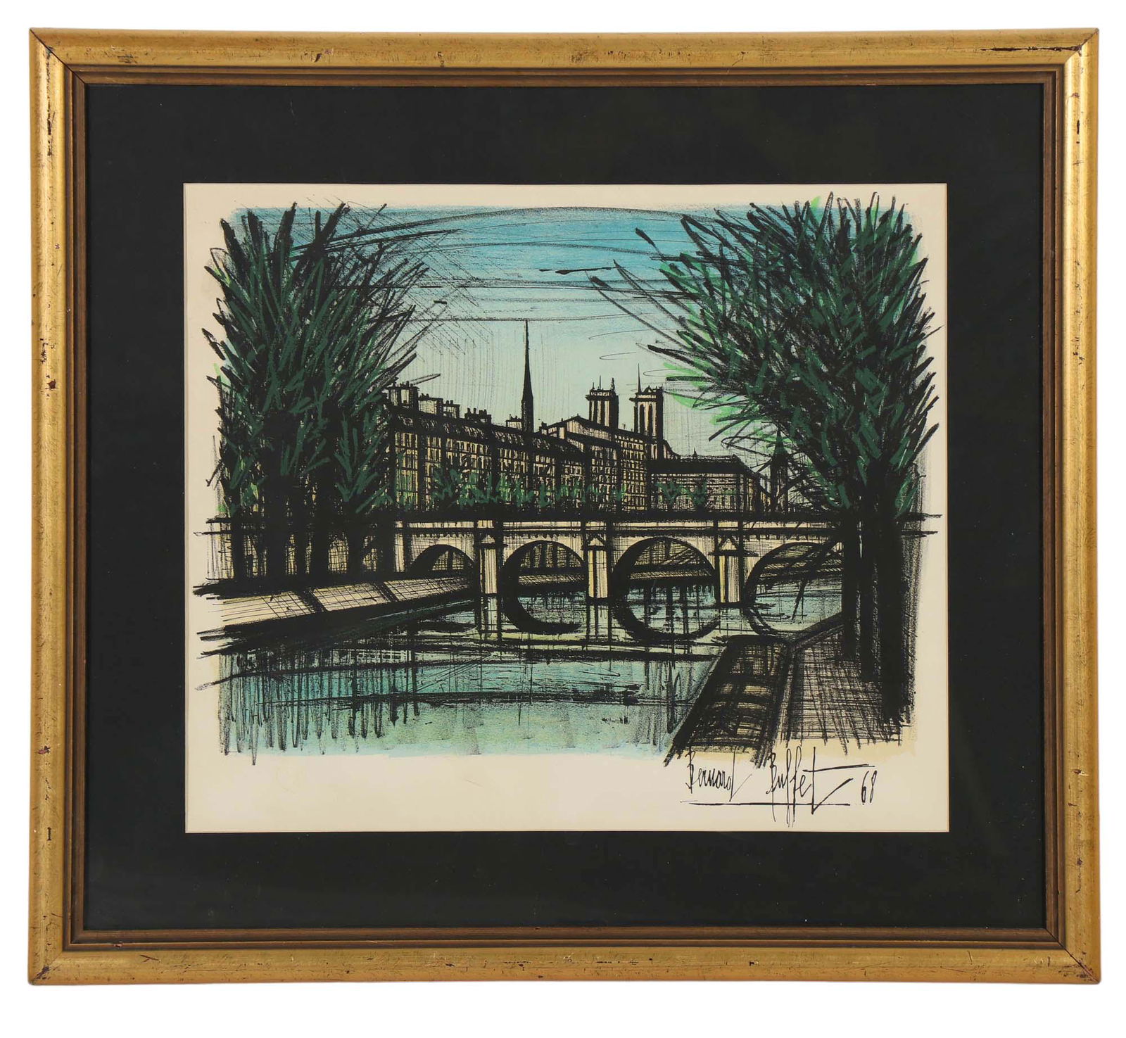 Bernard Buffet 1928 -1999 Le Pont Neuf Lithograph: Bernard Buffet ( French 1928 - 1999 ). This colored lithograph on paper features the Le Pont Neuf ~ the oldest bridge in Paris, which connects the left and the right banks of the Siene to the western