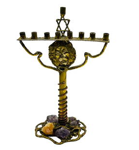 Jewish Judaica Brutalist 11" Menorah Candle Holder: Artisan handcrafted mixed media shelf mantle desktop Candle Holder. Fabricated with brass, copper and semi precious hard stones. Features the Star of David and the Lion of Judah with a spiral wrap aro