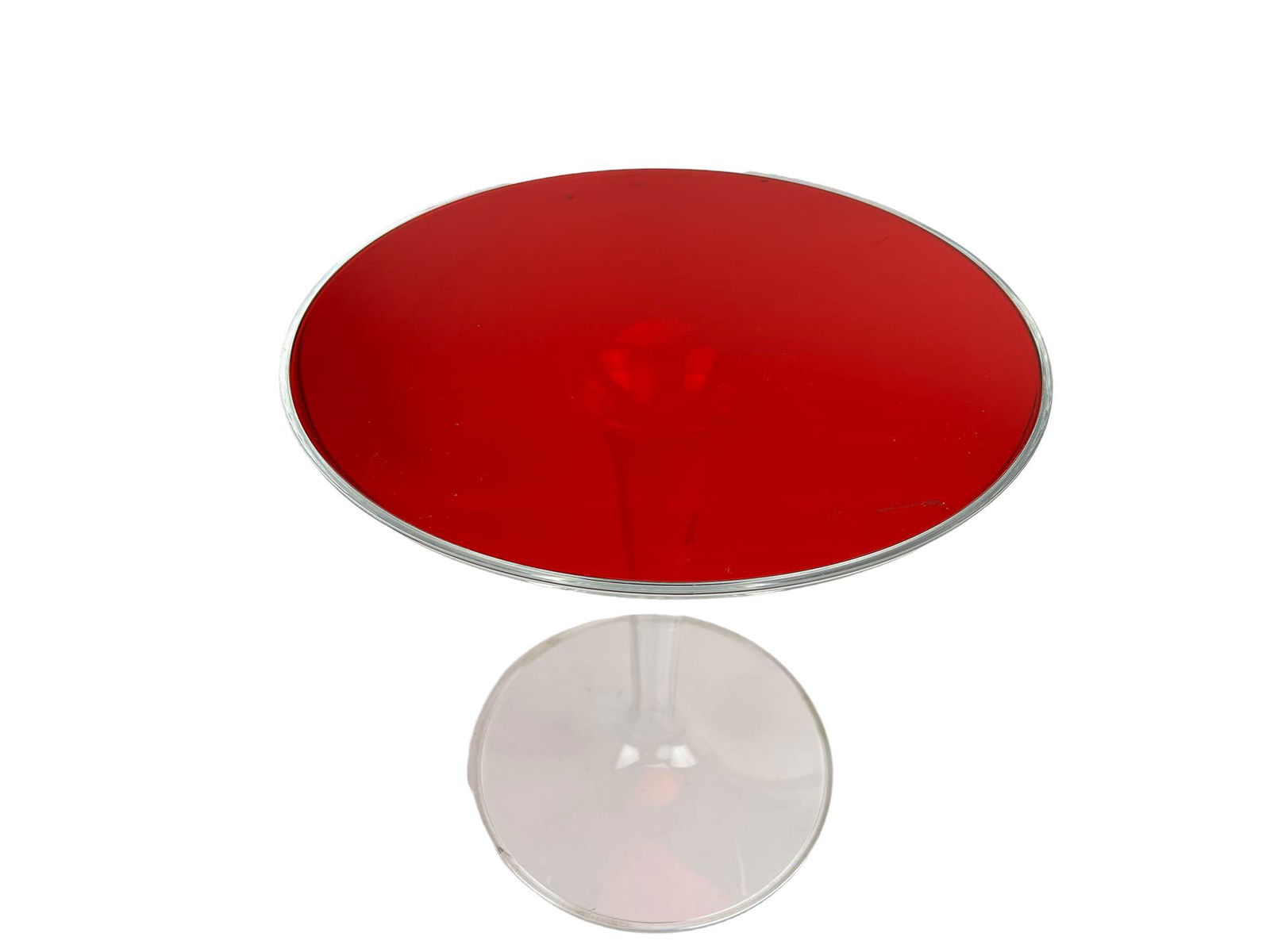 Kartel Philippe Starck Modern Tulip Tip Top Table: Mid century modern Tiptop Tulip Table, designed for Kartel by Philippe Starck (born 1949). Modernist clear lucite base with a ruby pink red colored lucite top. Signed Kartel at edge of bottom.Dimensio