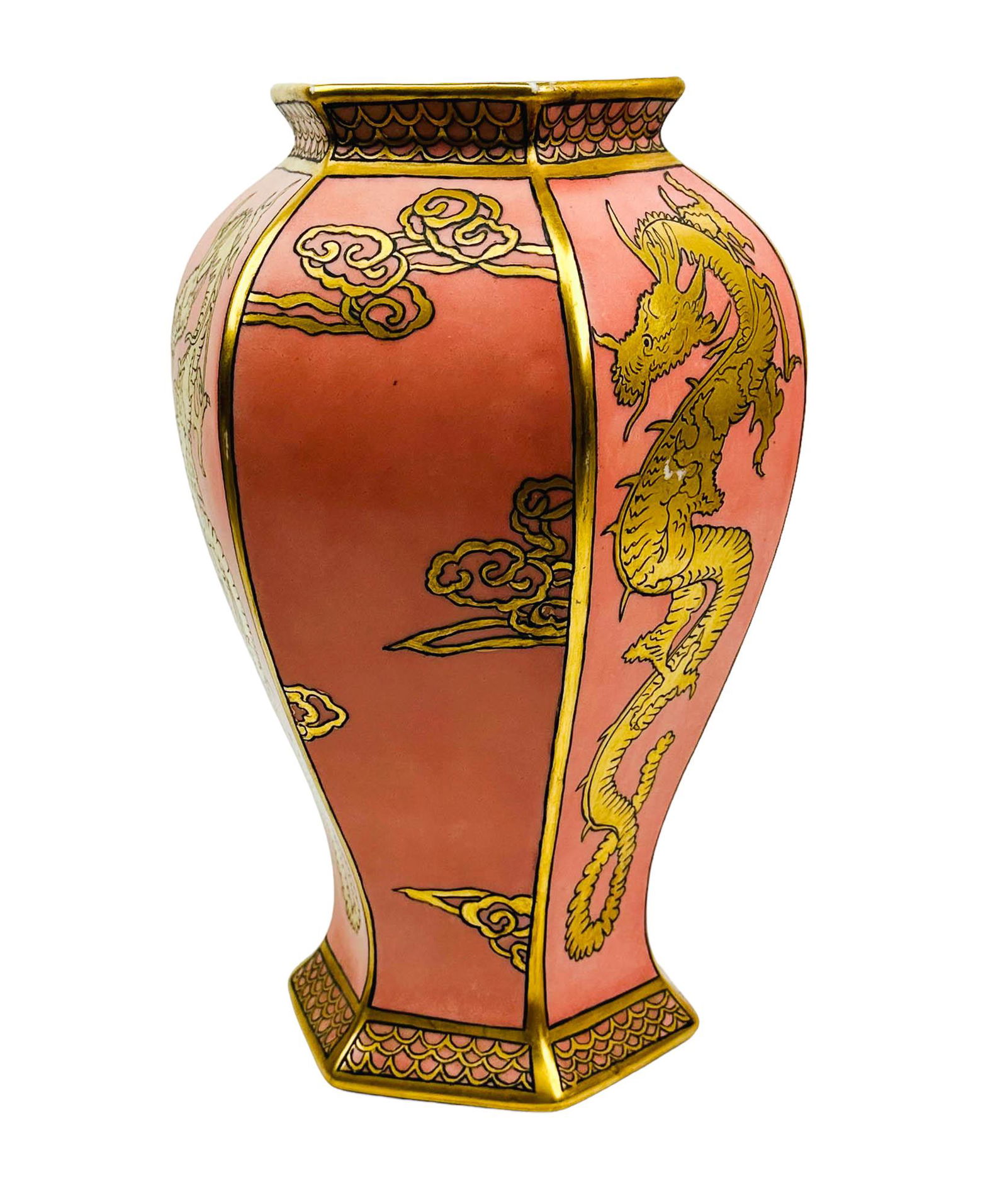 Bernardaud Limoges French Porcelain Dragon Vase: Bernardaud ( B & Co ) Limoges France French hand painted porcelain vase. The hexagonal shaped body features gold hand painted mythological and legendary dragons in the skies against a coral pink groun
