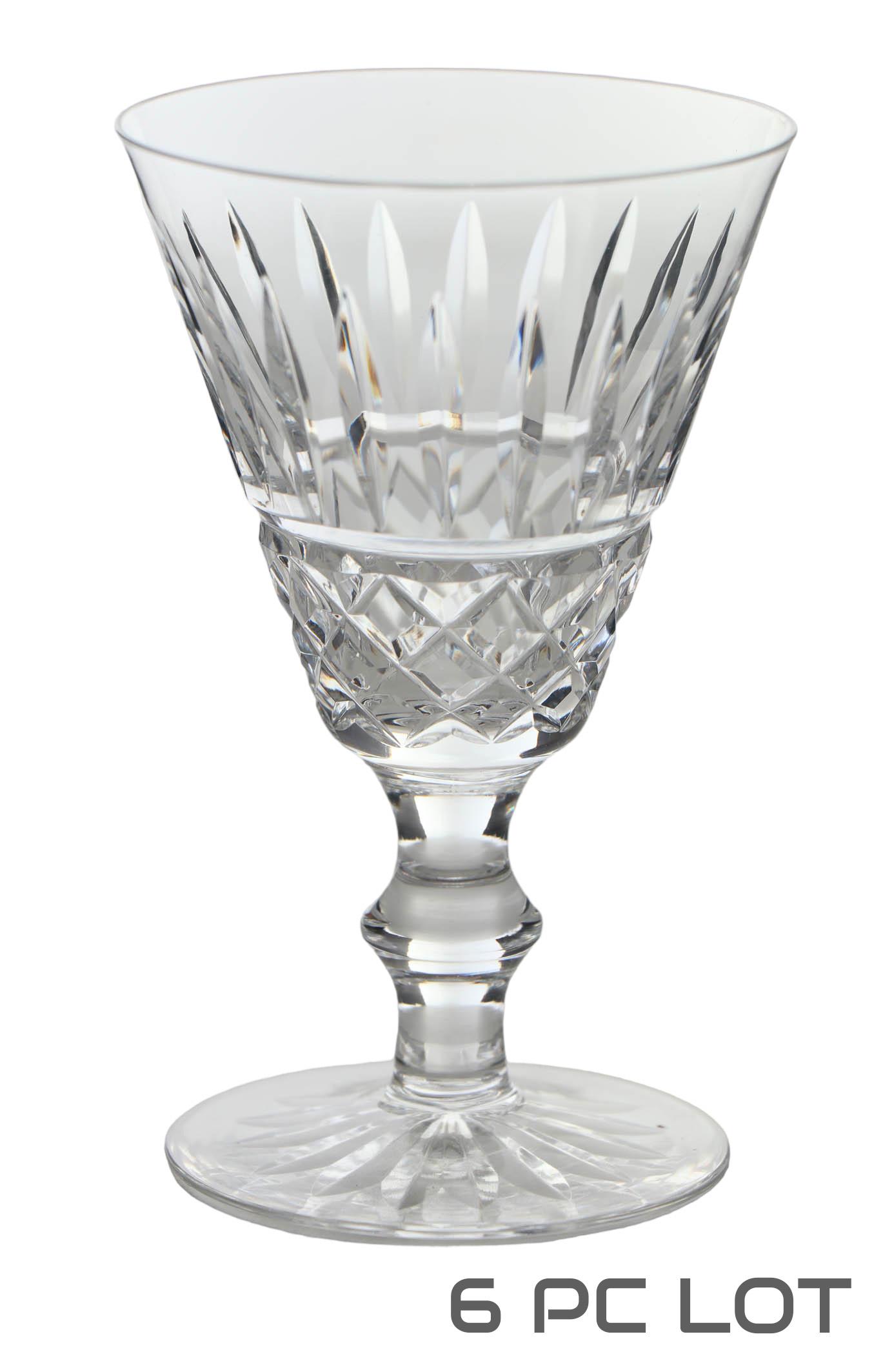 Waterford Crystal Tramore Barware Wine Glass LOT: Estate lot of a total of 6 Irish crystal art glass bar barware wine drinking goblets. Pattern : Tramore. Production years : 1968 - 2017. Design features vertical cuts over a cross hatch design over kn
