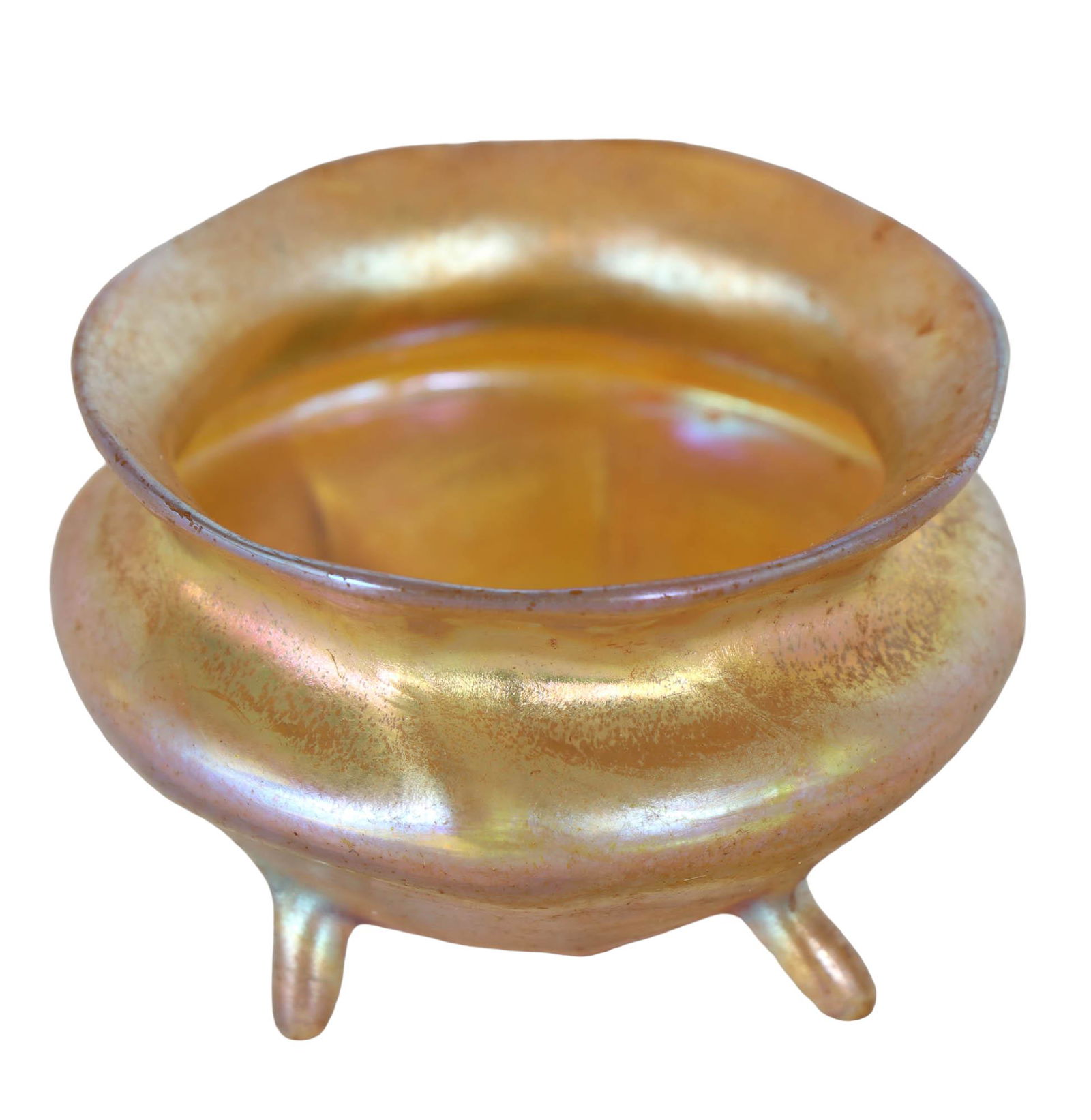Louis Comfort Tiffany Favrile Glass Salt Cellar: Early 20th century gold Favrile iridescent art glass master table salt cellar dip. Modeled in the shaped of a cauldron vessel and rests upon 4 pulled feet. Signed ~ engraved L.C.T and 03545. Dimension