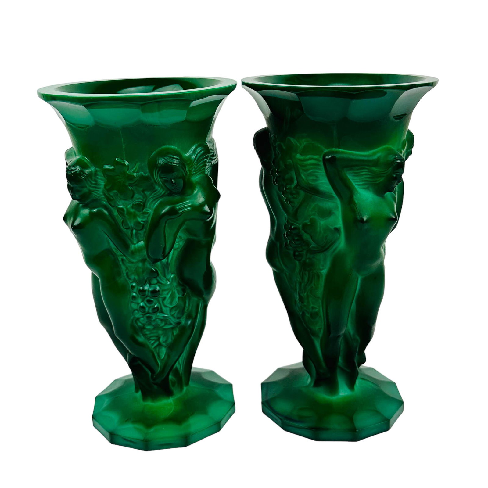 Art Deco Bohemian Malachite Glass Figural Vase 2pc: Pair of 1930's era Bohemian Czech high quality malachite glass shelf mantle curio cabinet display vases. Each features raised relief nude slender maidens in various standing poses separated by grape c