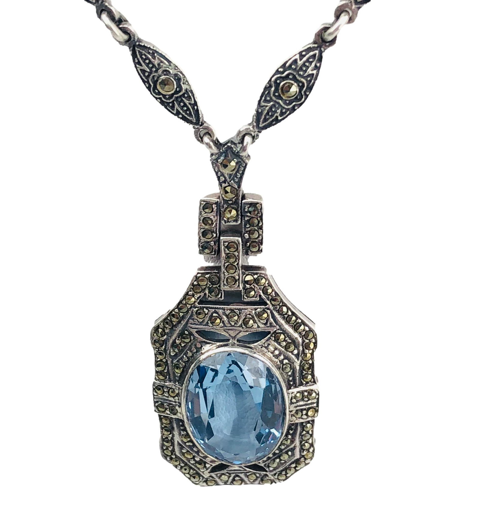 Art Deco Sterling Silver Topaz, Marcasite Necklace (1 of 5)