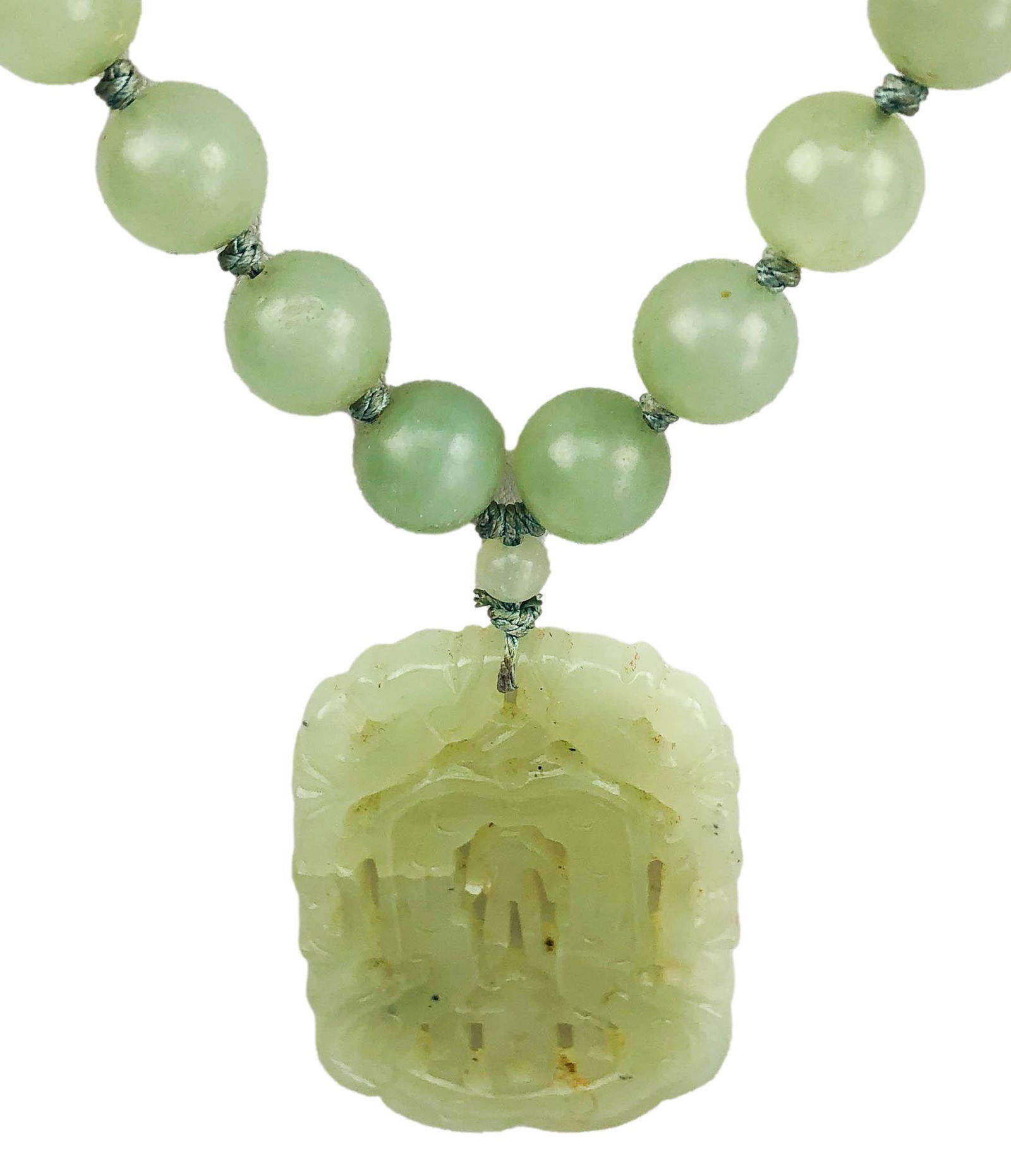 Chinese Silver & Green Jade Bead, Pendant Necklace (1 of 4)