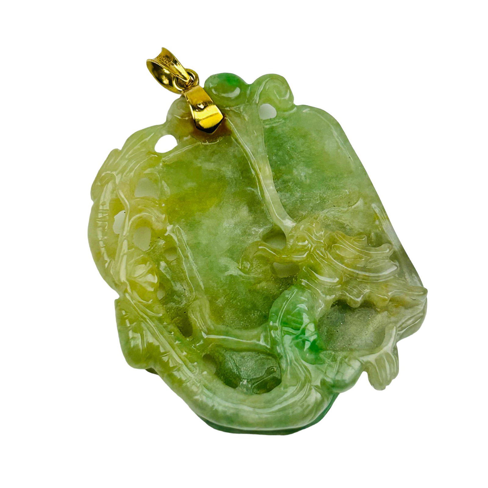 Chinese 14K Gold Carved Green Jade Dragon Pendant (1 of 4)