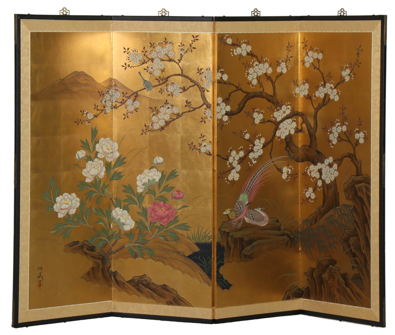 Chinese Four Panel Hand Painted Gilt Tree Screen (1 of 6)