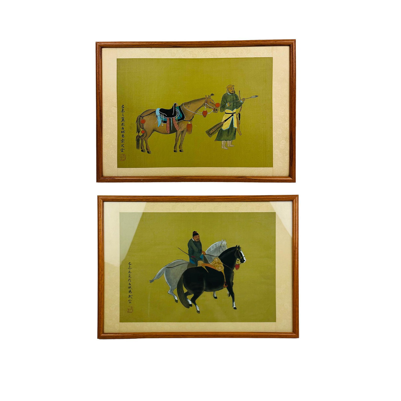 20C Chinese Figural Horse Silk Paintings 2pc LOT (1 of 9)