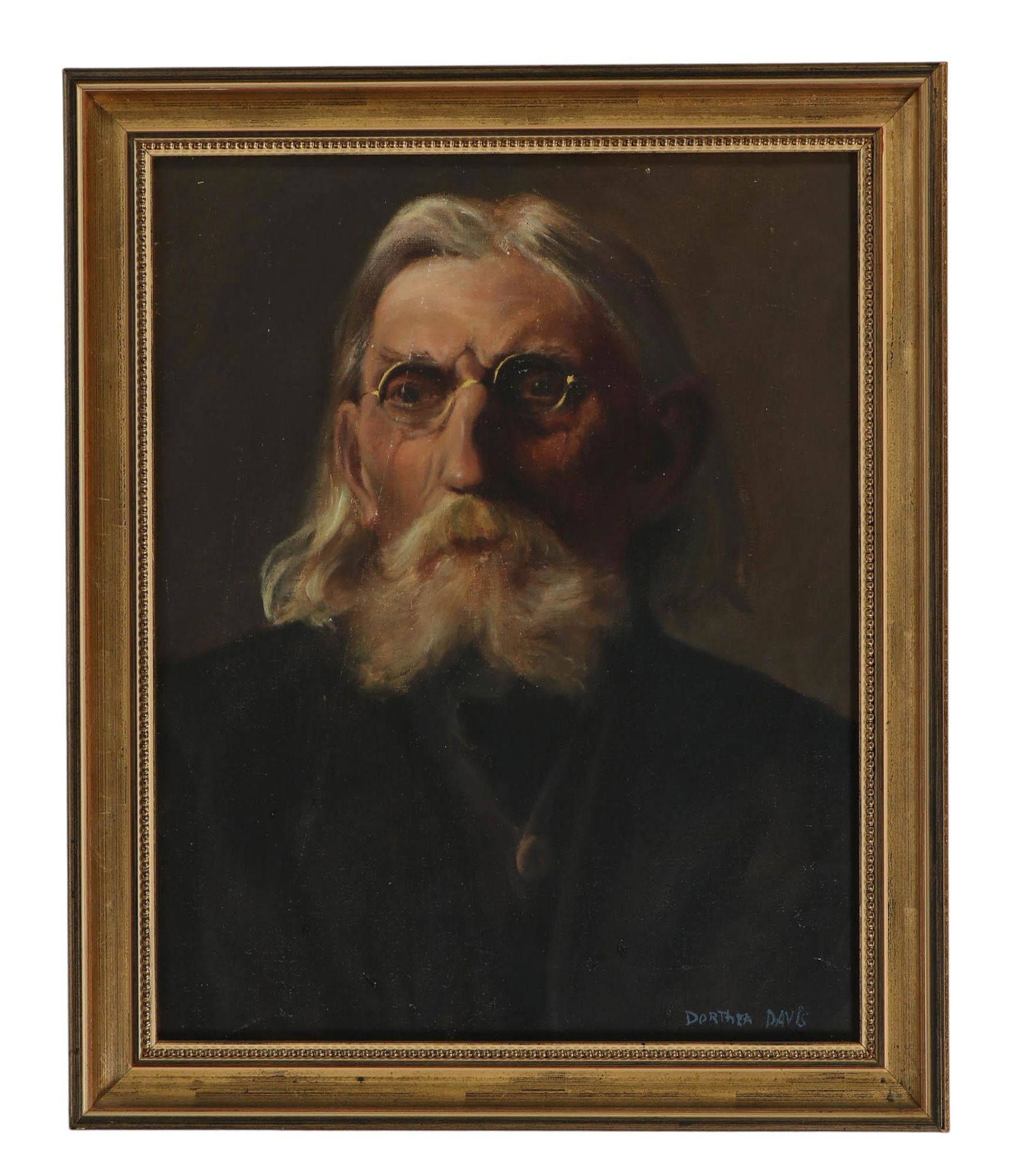 Dorthea Davis Distinguished Gentleman Oil Painting: 20th century oil on artist board painting depicting the side profile of an scholarly looking man wearing a black coat. Signed lower right. Art presented in a gold painted wooden frame. Work Size: 19.2