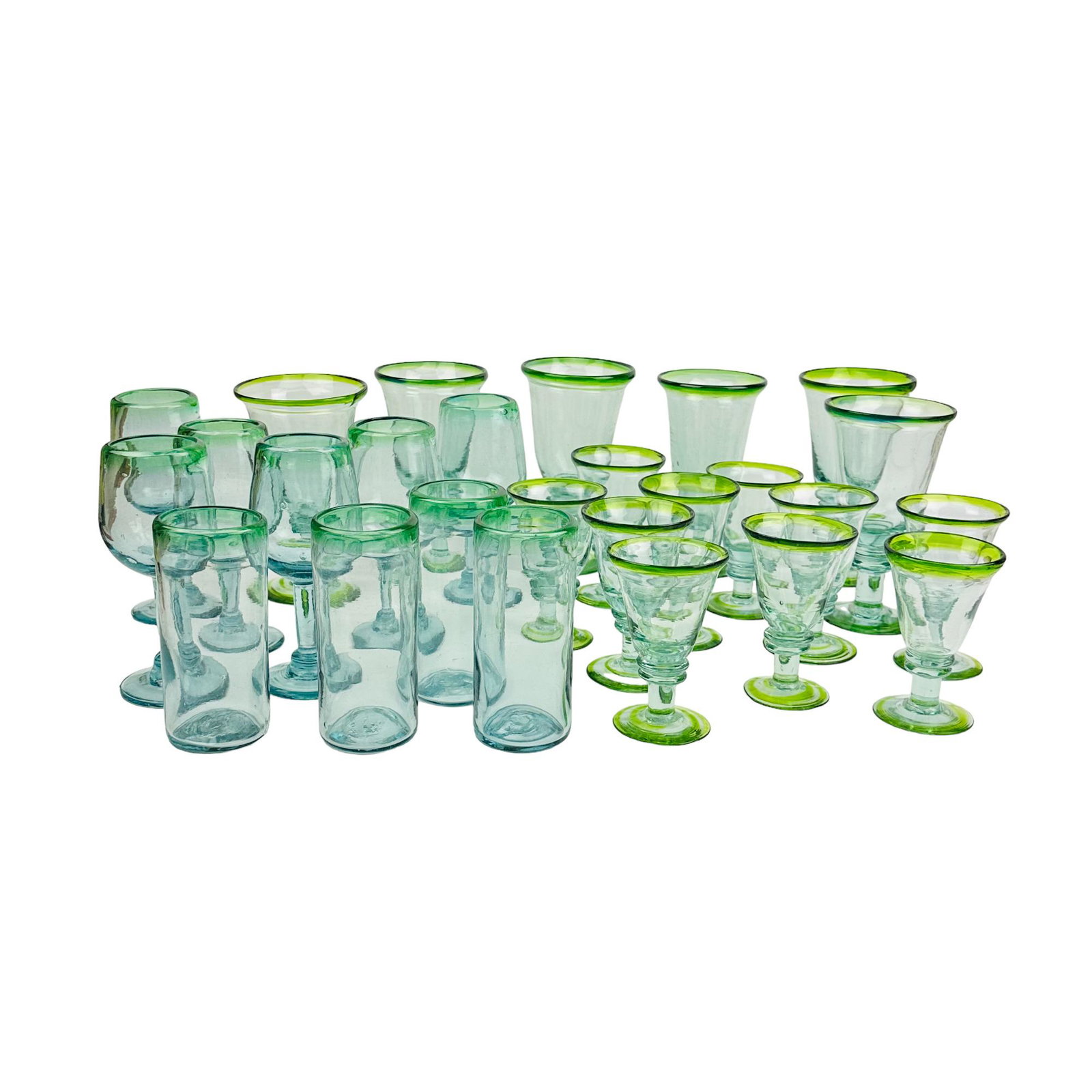 Murano Style Studio Hand Blown Art Glass 26pc LOT: Total of 24 pieces of studio hand blown glass wine, water goblets and tumblers. There are 2 different patterns with 16 having a green colored band around the open mouth and the base. The other 10 only