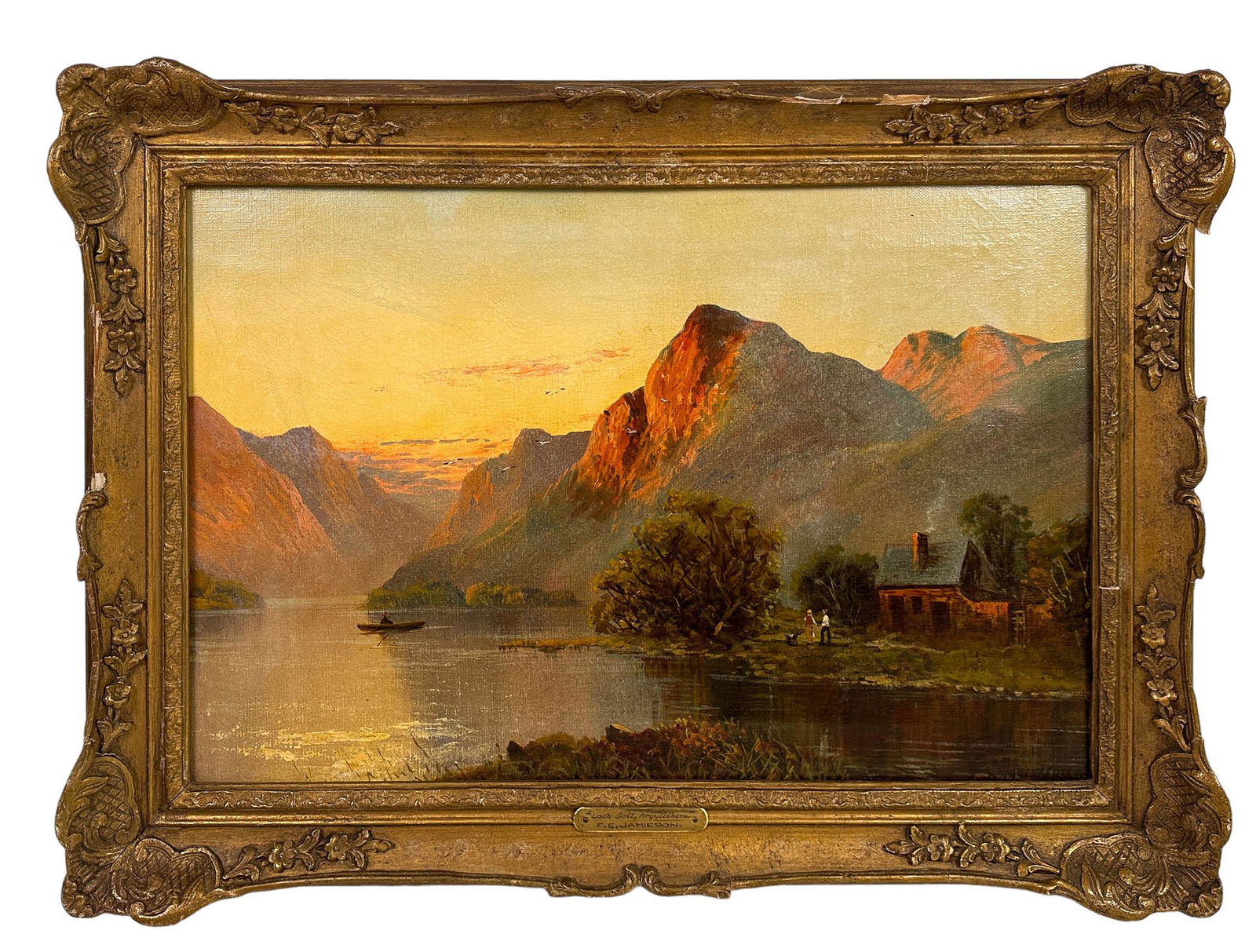Francis E Jamieson 1895-1950 Landscape Painting: Francis E Jamieson (Scottish,1895-1950). and antique oil painting on canvas. Titled "Loch Goil Argyllshre". A Scottish landscape depicting A lake scene and the orange sunlight reflecting off the side