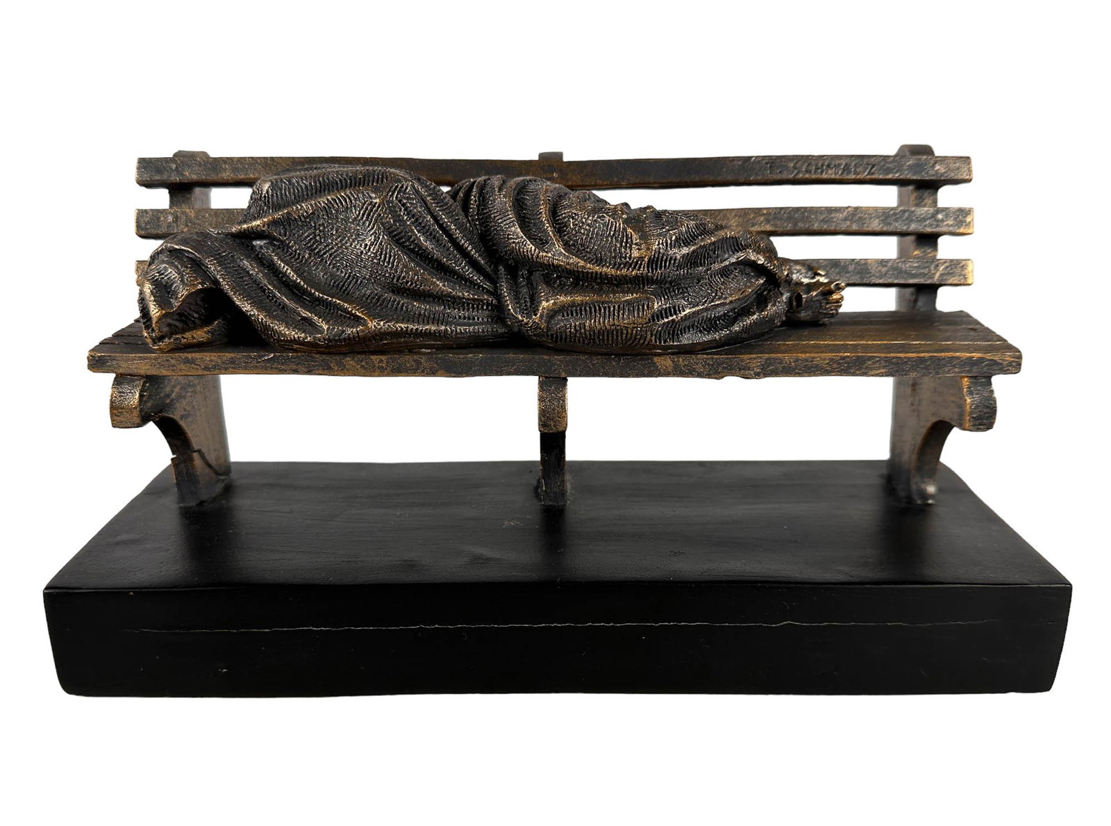 Timothy Schmalz Homeless Jesus Christ Sculpture: Timothy Schmalz ( Canadian, born 1969 ). Subject matter depicts Christ shrouded in A blanket laying down on A bench, the only indication that this is Jesus is by the visible wounds on his feet. Cast i