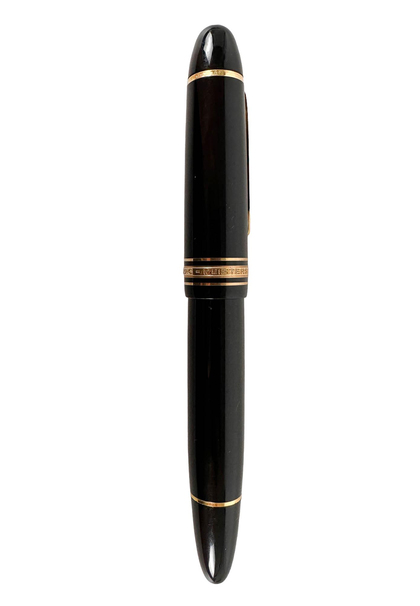 Montblanc Meisterstuck #149 Fountain Pen w 14K Nib: Montblanc 149 Meisterstuck desk table fountain writing pen sporting A 14K yellow gold nib. Rhodium plated inlay. Barrel and cap made of black precious resin inlaid with the Montblanc emblem. 3 gold pl
