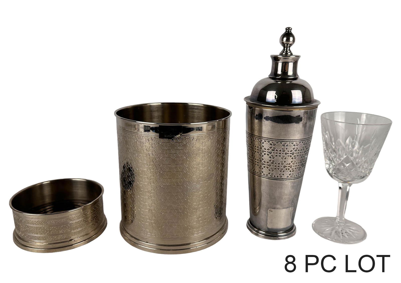 Waterford Lismore 8 pc Wine Glass & Barware LOT: AN estate lot of Waterford crystal and Michael Aram for Waterford silver plated barware. Lot includes: (8) 5.75" Waterford crystal claret wine glasses in the Lismore pattern, each with Waterford maker