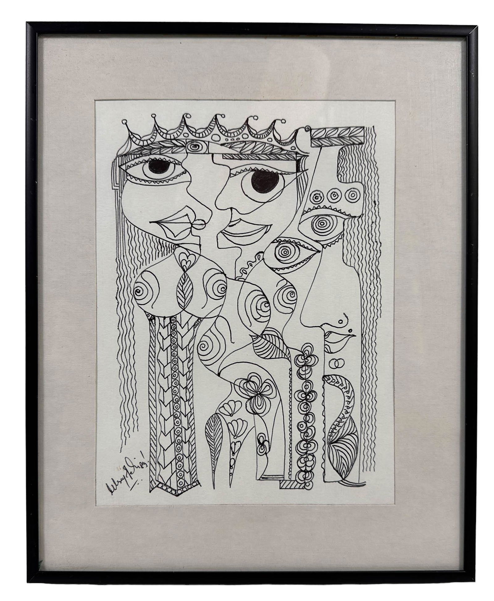 Melroy Rodrigues Black White Original Pen Drawing: Melroy Rodrigues ( Indian / American born 1967 ). This original black and white pen drawing on paper framed under glass in A black metal frame. Signed lower left bottom. Dimensions: 12.5 X 10 X 1 in.