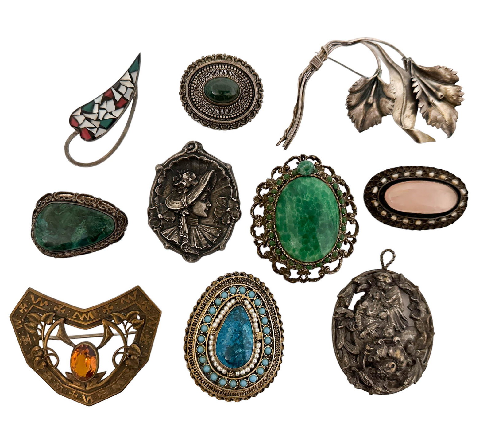 Sterling Brass Gemstone Art Nouveau Brooch Pin LOT (1 of 6)