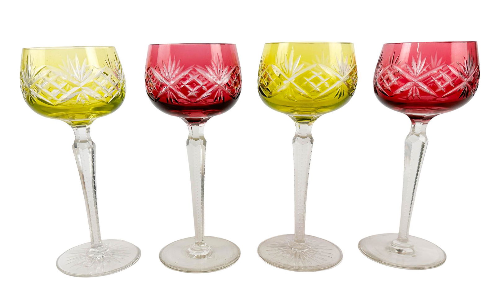 Bohemian Czech Crystal Cut Clear Wine Goblet LOT: Estate lot of A total of 4 bar barware wine drinking cut to clear art glass goblets. Bowls feature cranberry and chartreuse coloration with cut fan and diamond quilted patterns over tapered stems with