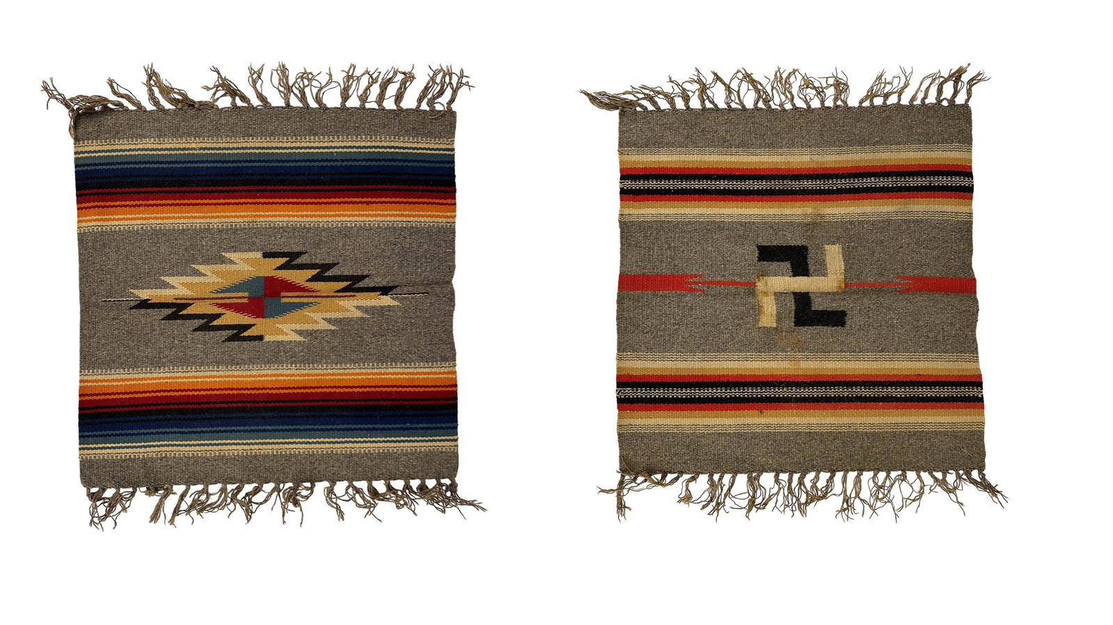 Native American Indian Woven Carpet Rug 2pc LOT: Estate lot of 2 x hand woven rugs of Native American Indian cultural art. One features A Swastika or Whirling Log representing well being, good luck and protection. In the Hopi culture it is A depicti