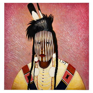 Kevin Red Star Style Native American Painting: Kevin Red Star (American, born 1943). Native American oil painting presented on stretched canvas in the style of Kevin Red Star. Native American is in native garb, with single feather headdress and fu