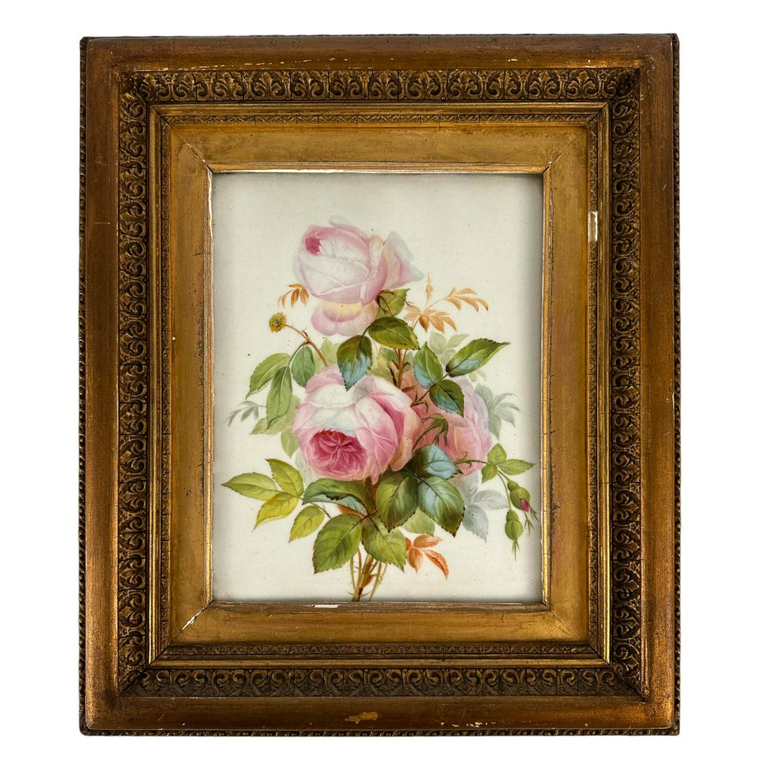 Antique Pink White Rose Flower Porcelain Painting: Late 19th early 20th century painting on porcelain plaque tile depicting fully bloomed pink cabbage roses with green stems and leaves against a white ground. No apparent markings or makers marks. Art 