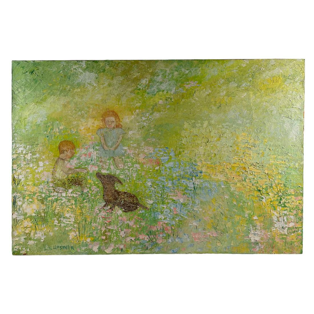 Children In Field With Puppy Oil On Canvas Impasto: An original oil painting on canvas. Two children a boy and girl playing in a beautiful field of flowers with their dog. Crafted using pastel colors: pink, blue, yellow, and green. Artist signature to 