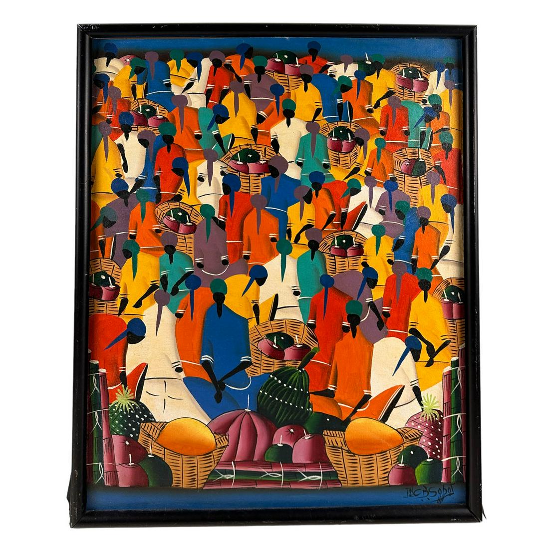 Market Scene Haitian Painting on Board Signed: A Haitian painting decorated edge to edge with different colored characters buying, selling, or possibly people watching. Various baskets with fruits throughout. Signed lower right, B. Sobot. Dimensio